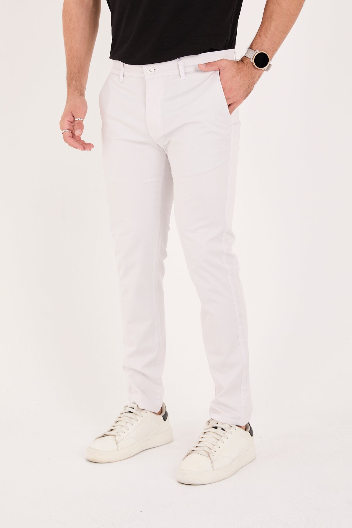 Erkek Slim Fit Dar Kesim Likralı Pamuklu Chino Kanvas Pantolon - Taş