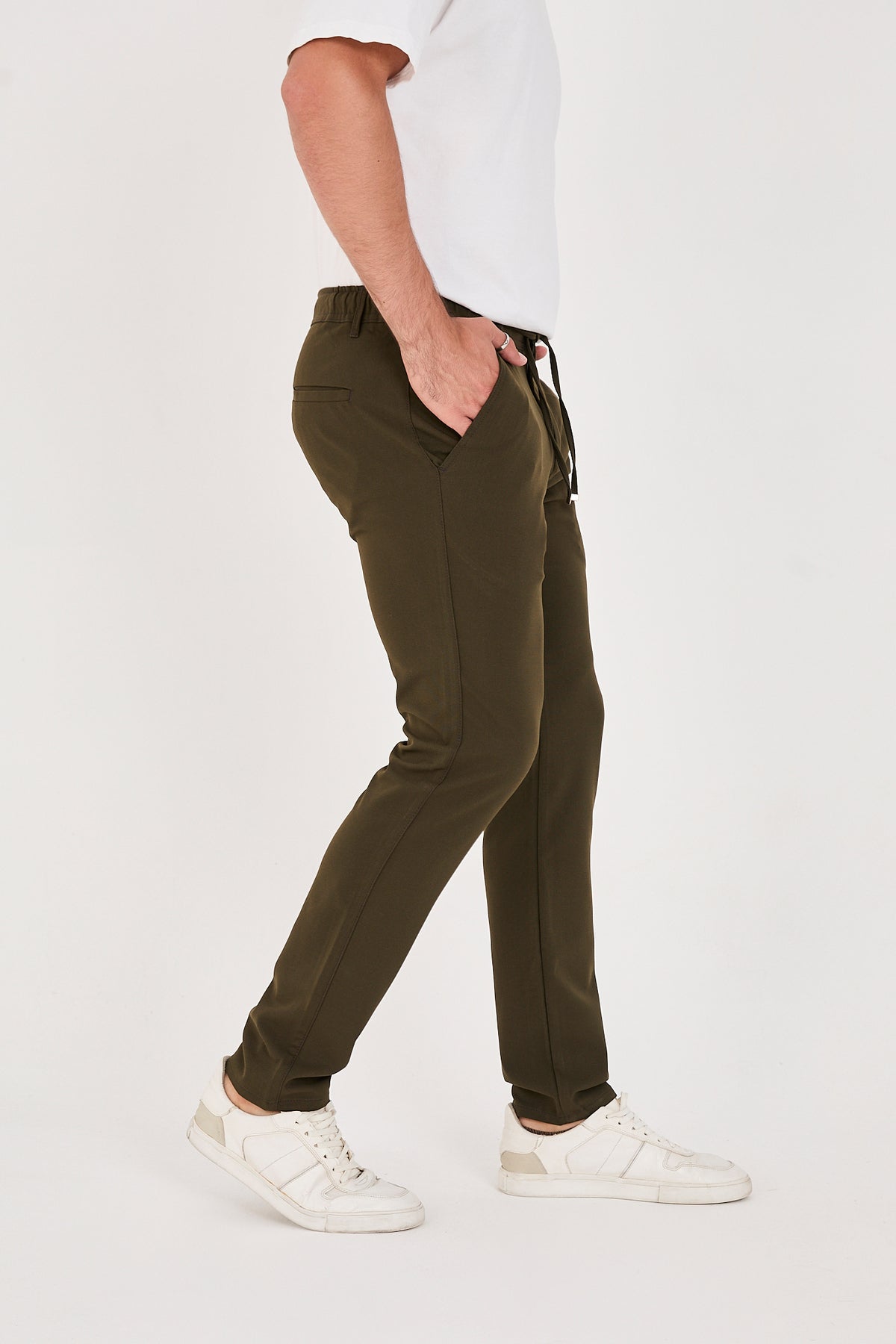 Erkek Jogger Slim Fit Bel Yarım Lastikli Likralı Kumaş Pantolon - Haki