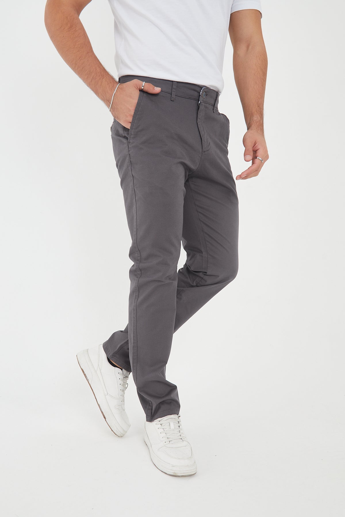 Erkek Kışlık Regular Fit Likralı Gabardin Chino Pantolon - Gri