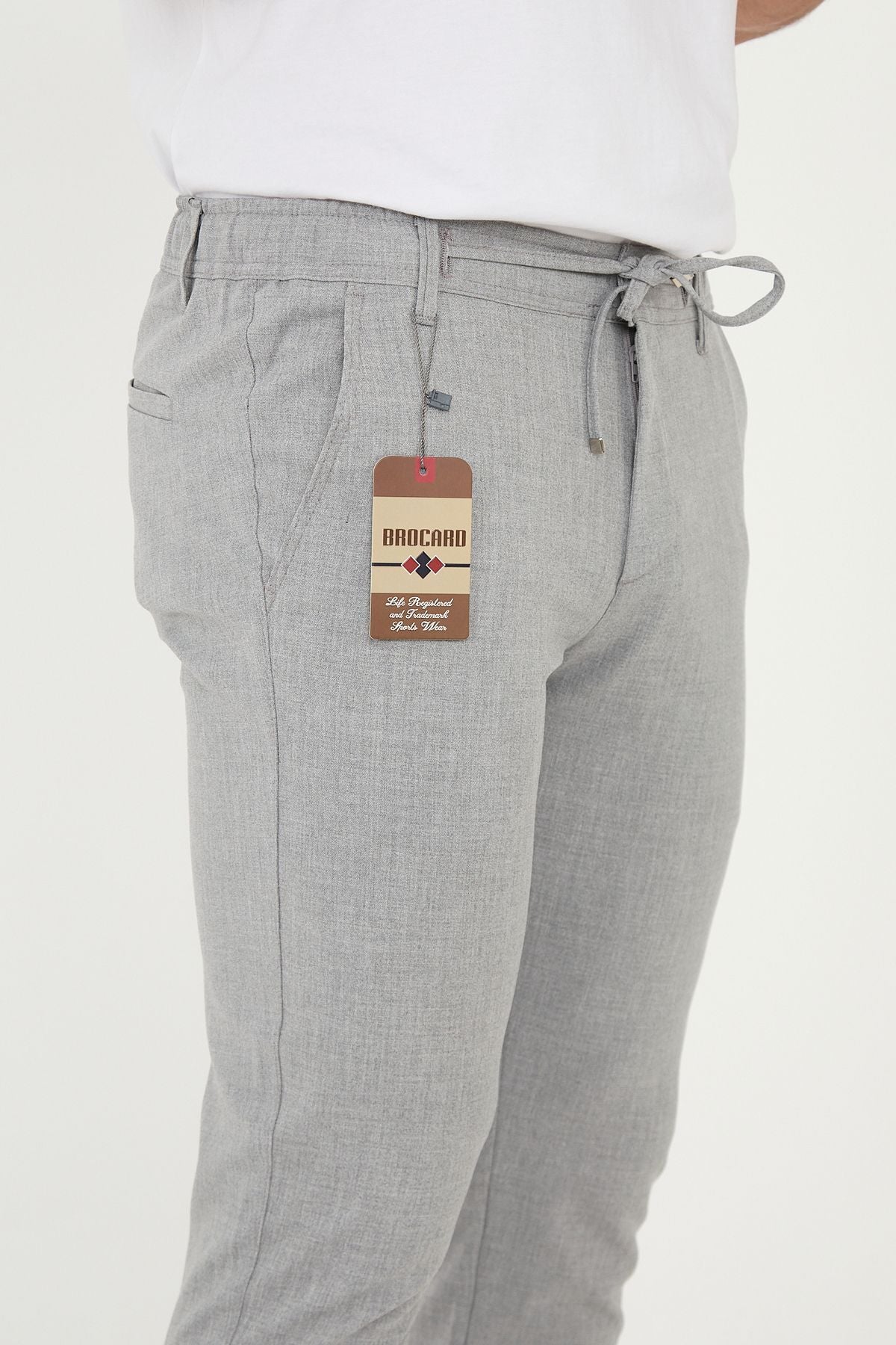 Erkek Jogger Slim Fit Bel Yarım Lastikli Duble Paça Kumaş Pantolon - Gri