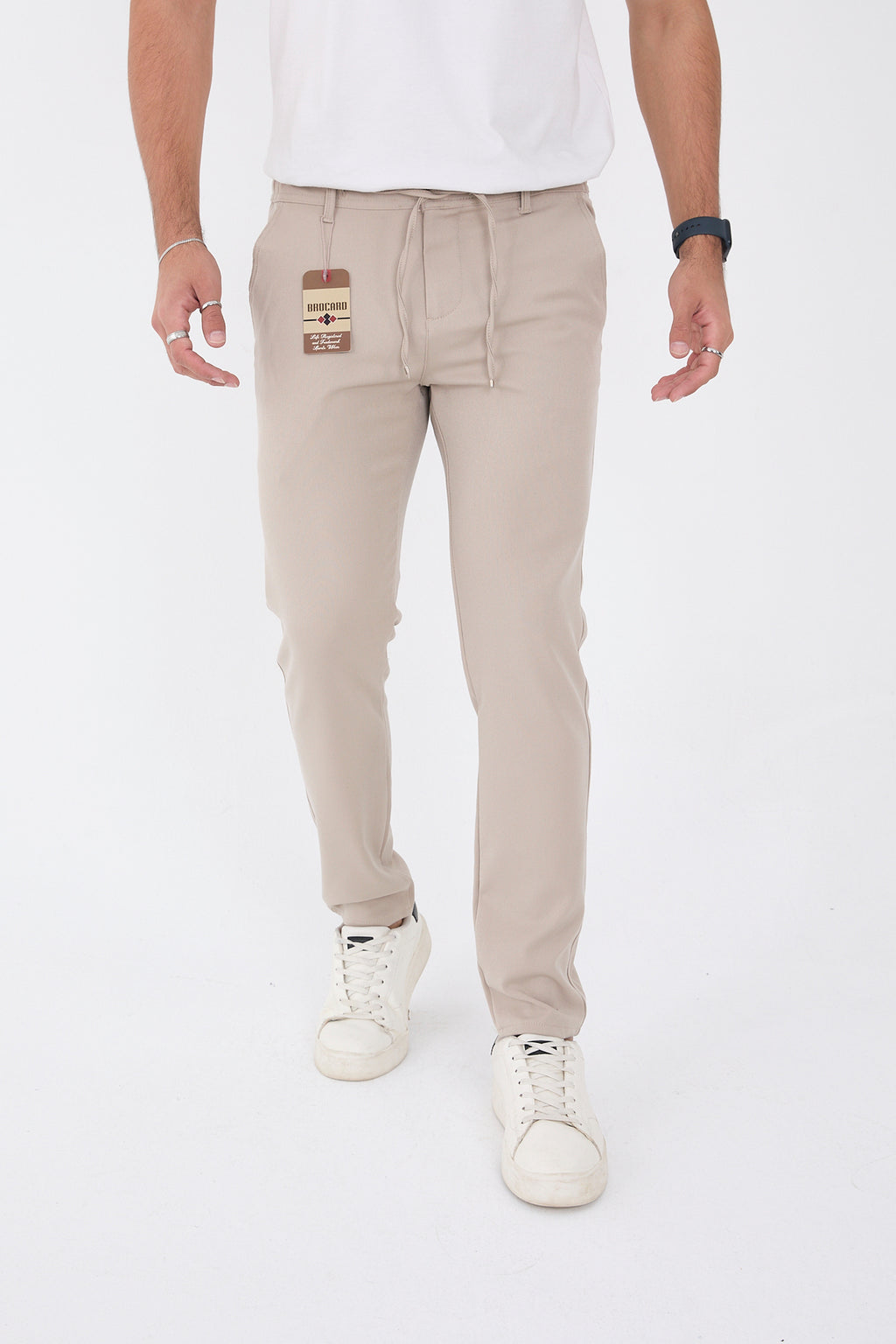 Erkek Kışlık Jogger Slim Fit Bel Yarım Lastikli Kumaş Pantolon - Bej