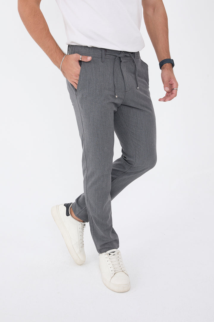 Erkek Kışlık Jogger Slim Fit Bel Yarım Lastikli Kumaş Pantolon - Koyu Gri