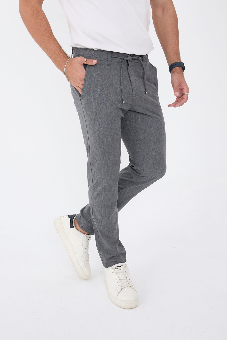 Erkek Kışlık Jogger Slim Fit Bel Yarım Lastikli Kumaş Pantolon - Koyu Gri