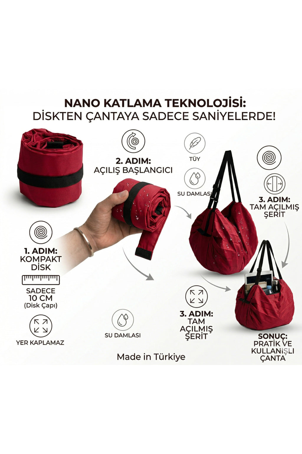 Katlanabilir Akordeon Çanta 2'si 1 Arada Sırt ve Omuz Çantası - Kırmızı
