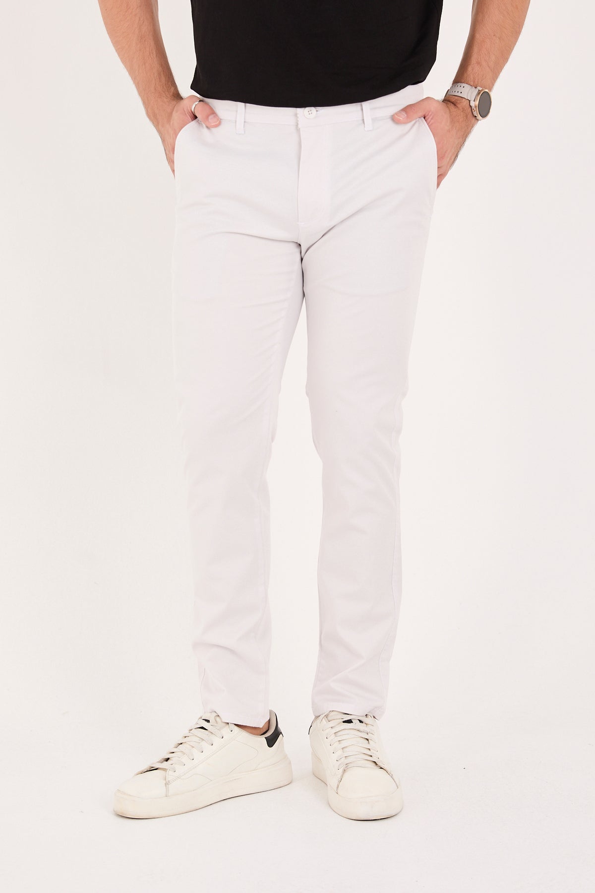 Erkek Slim Fit Dar Kesim Likralı Pamuklu Chino Kanvas Pantolon - Taş