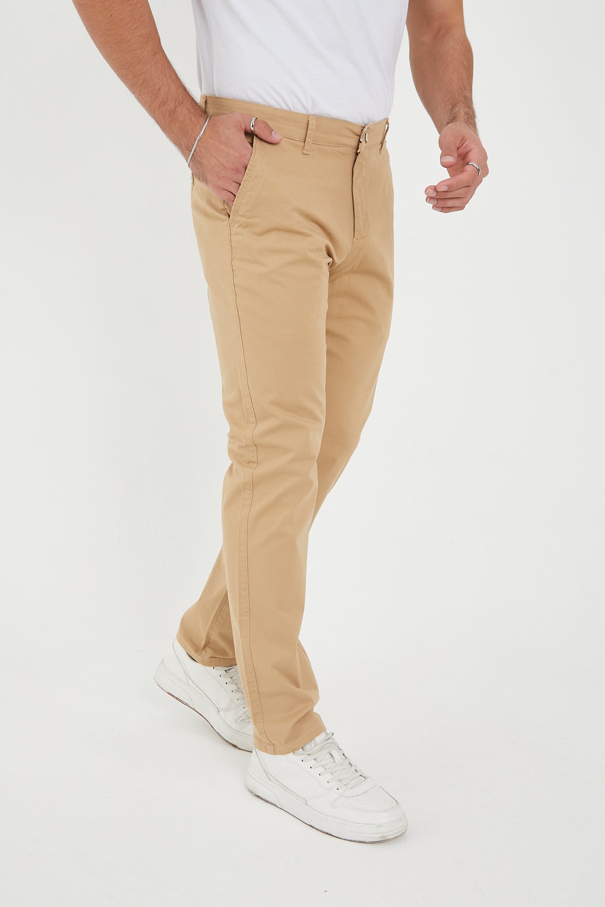Erkek Kışlık Regular Fit Likralı Gabardin Chino Pantolon - Vizon