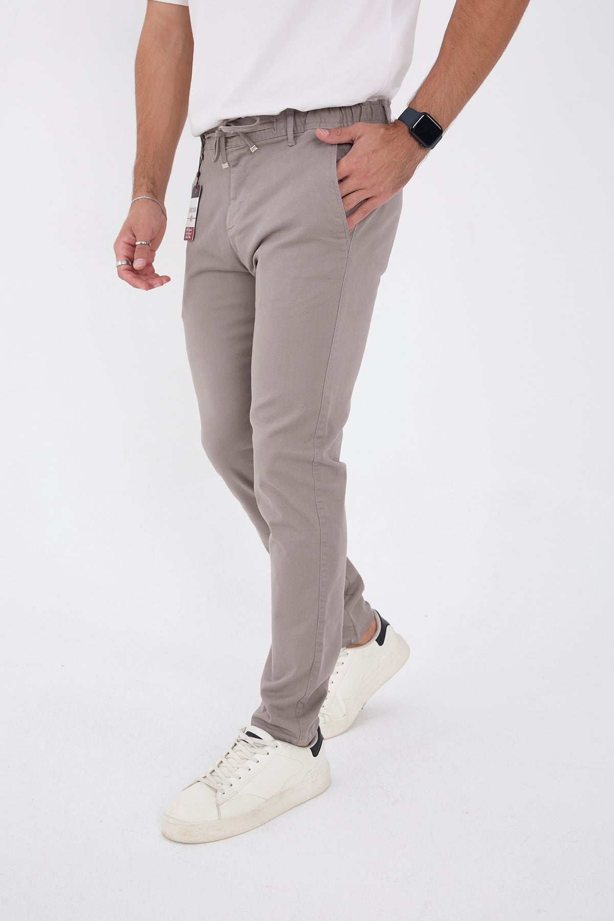 Erkek Mevsimlik Jogger Slim Fit Bel Yarım Lastikli Likralı Keten Pantolon - Gri