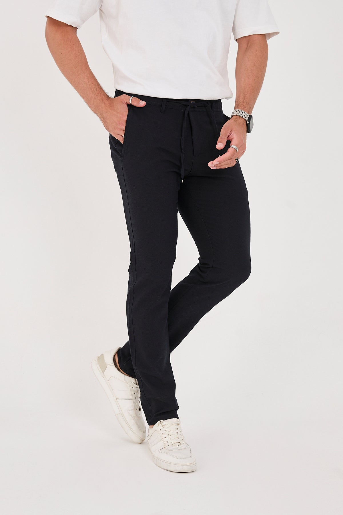 Erkek Gofre Kumaş Likralı Jogger Slim Fit Pantolon - Lacivert