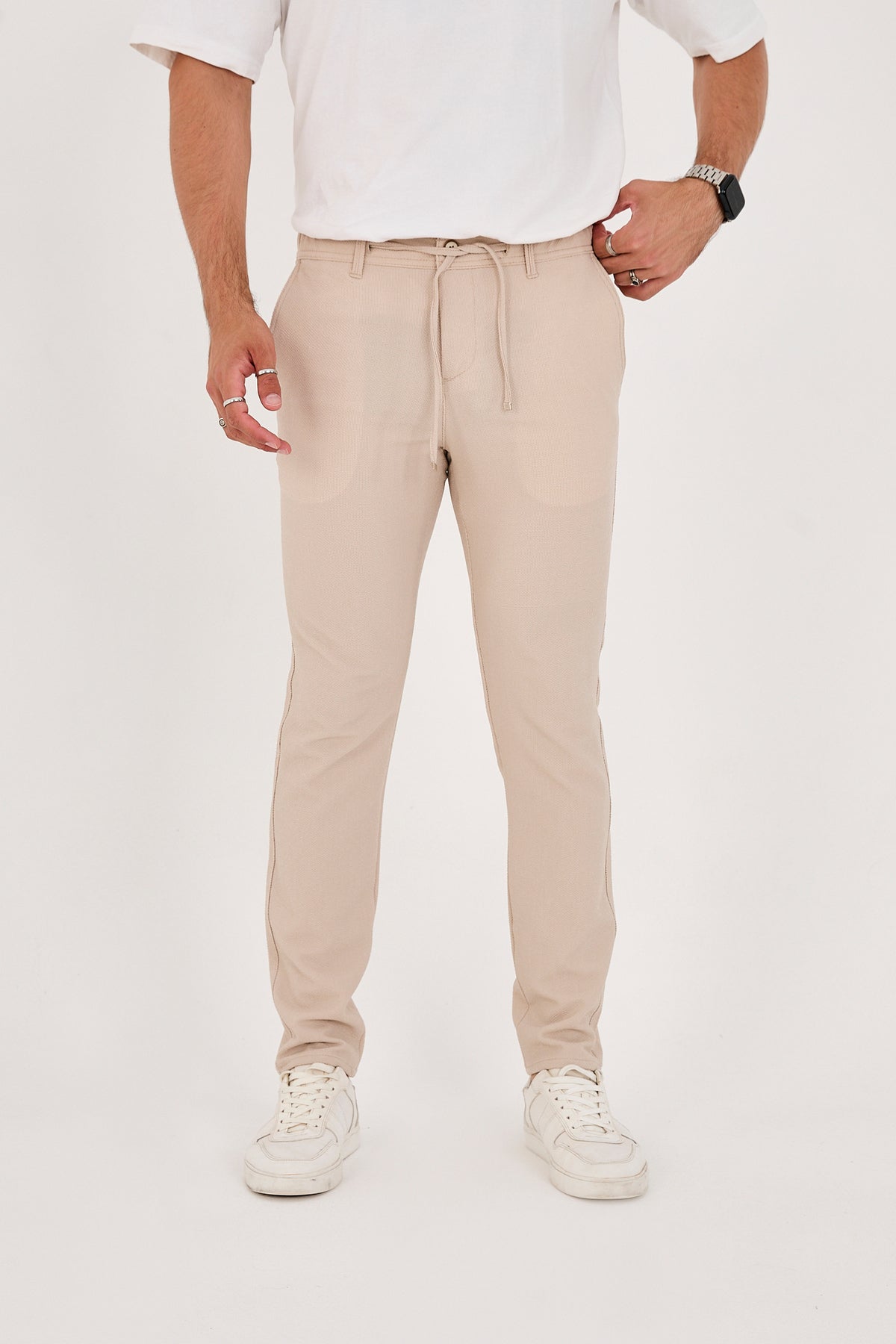 Erkek Gofre Kumaş Likralı Jogger Slim Fit Pantolon - Bej