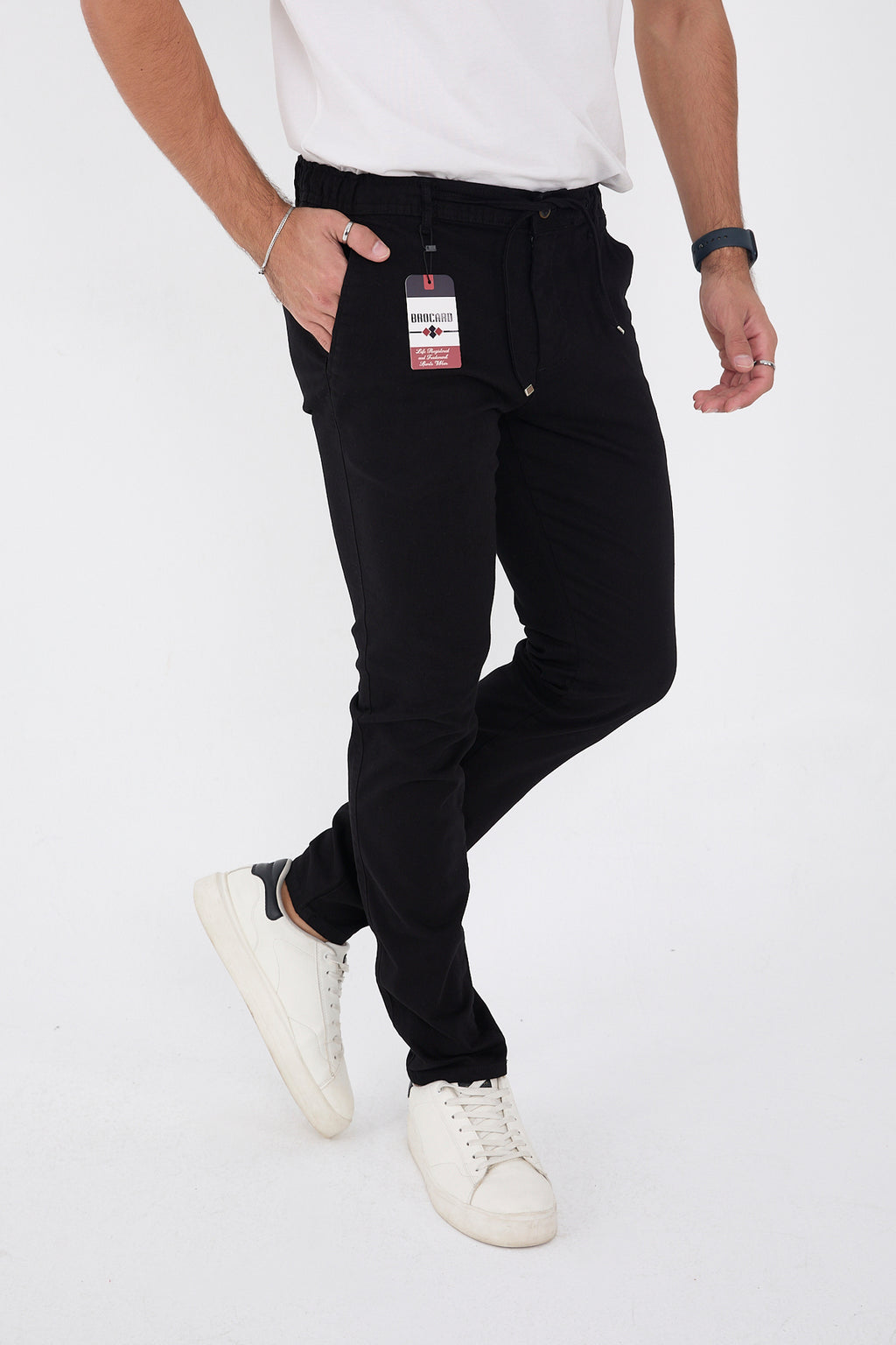 Erkek Mevsimlik Jogger Slim Fit Bel Yarım Lastikli Likralı Keten Pantolon - Siyah