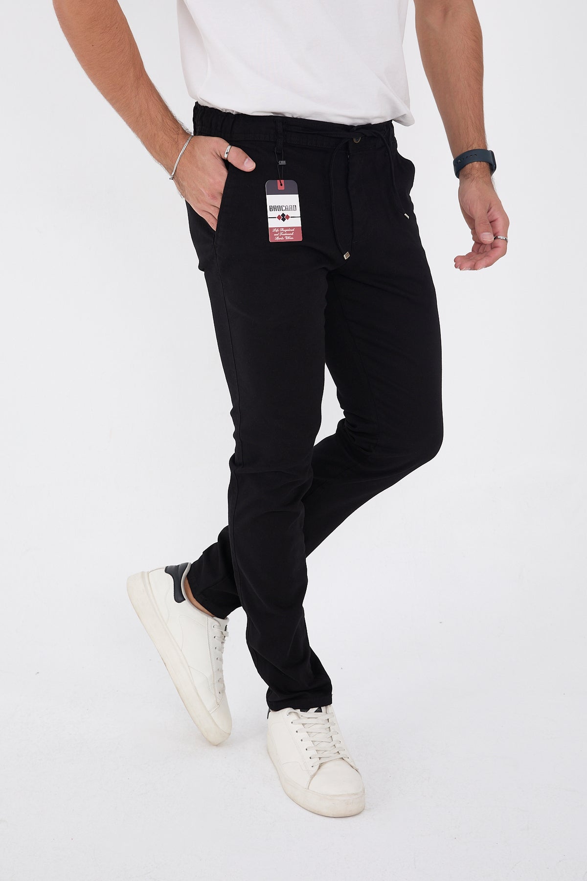 Erkek Mevsimlik Jogger Slim Fit Bel Yarım Lastikli Likralı Keten Pantolon - Siyah