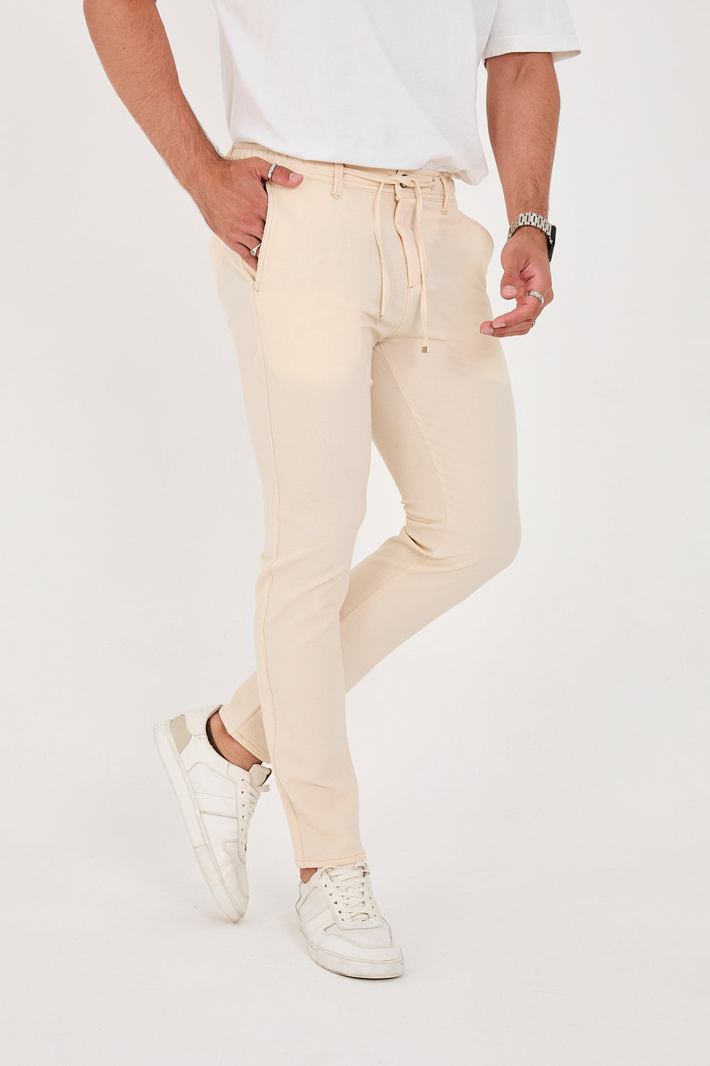 Erkek Gofre Kumaş Likralı Jogger Slim Fit Pantolon - Krem