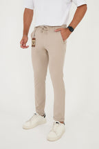 Erkek Jogger Slim Fit Bel Yarım Lastikli Duble Paça Kumaş Pantolon - Bej