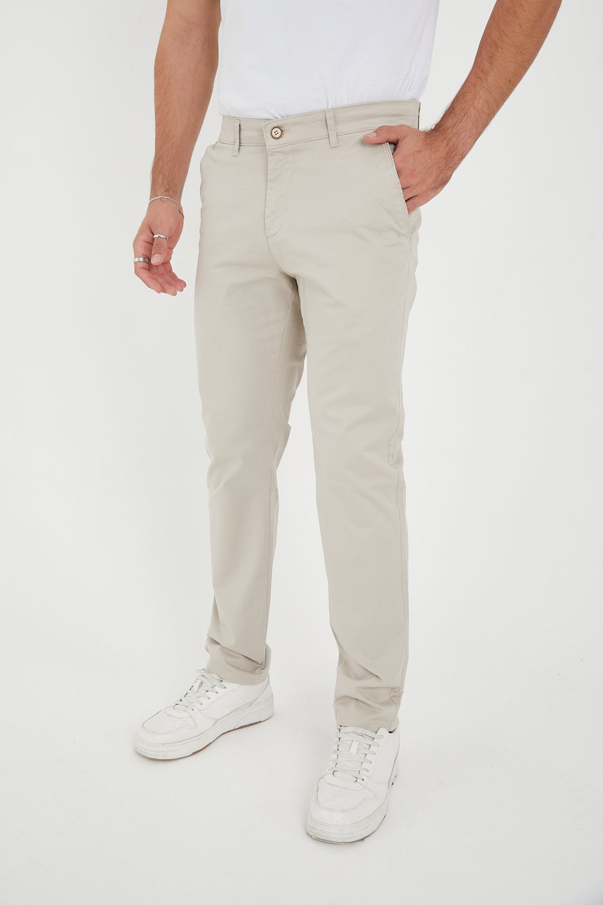 Erkek Kışlık Regular Fit Likralı Gabardin Chino Pantolon - Taş