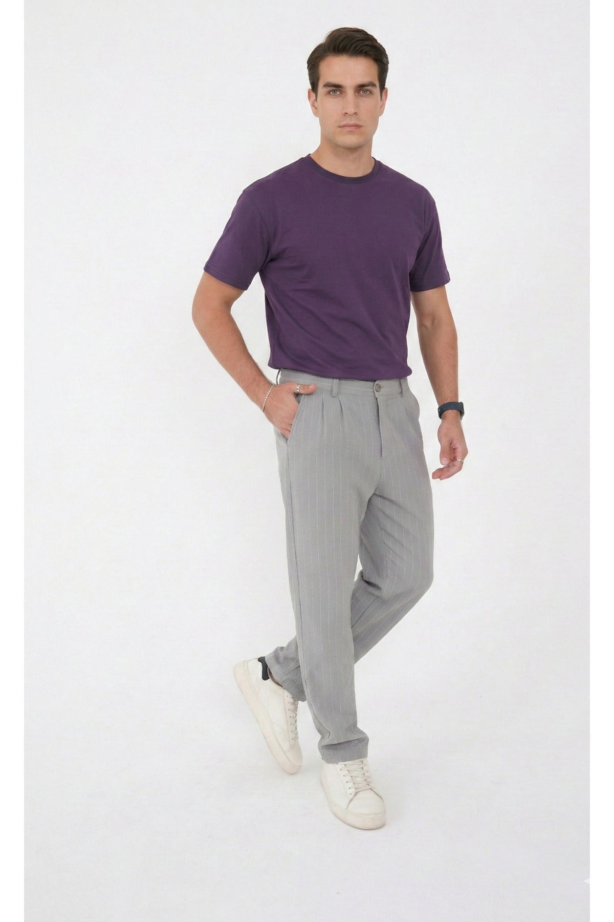 Erkek Çizgili Gofre Baggy Pantolon - Gri