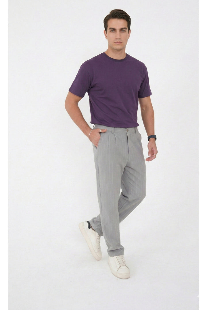 Erkek Çizgili Gofre Baggy Pantolon - Gri