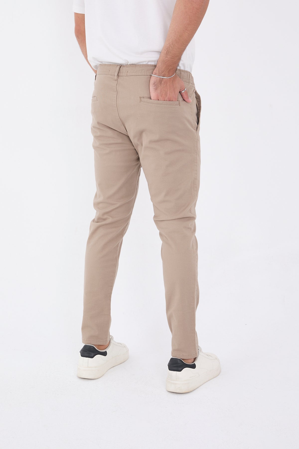 Erkek Mevsimlik Jogger Slim Fit Bel Yarım Lastikli Likralı Keten Pantolon - Bej