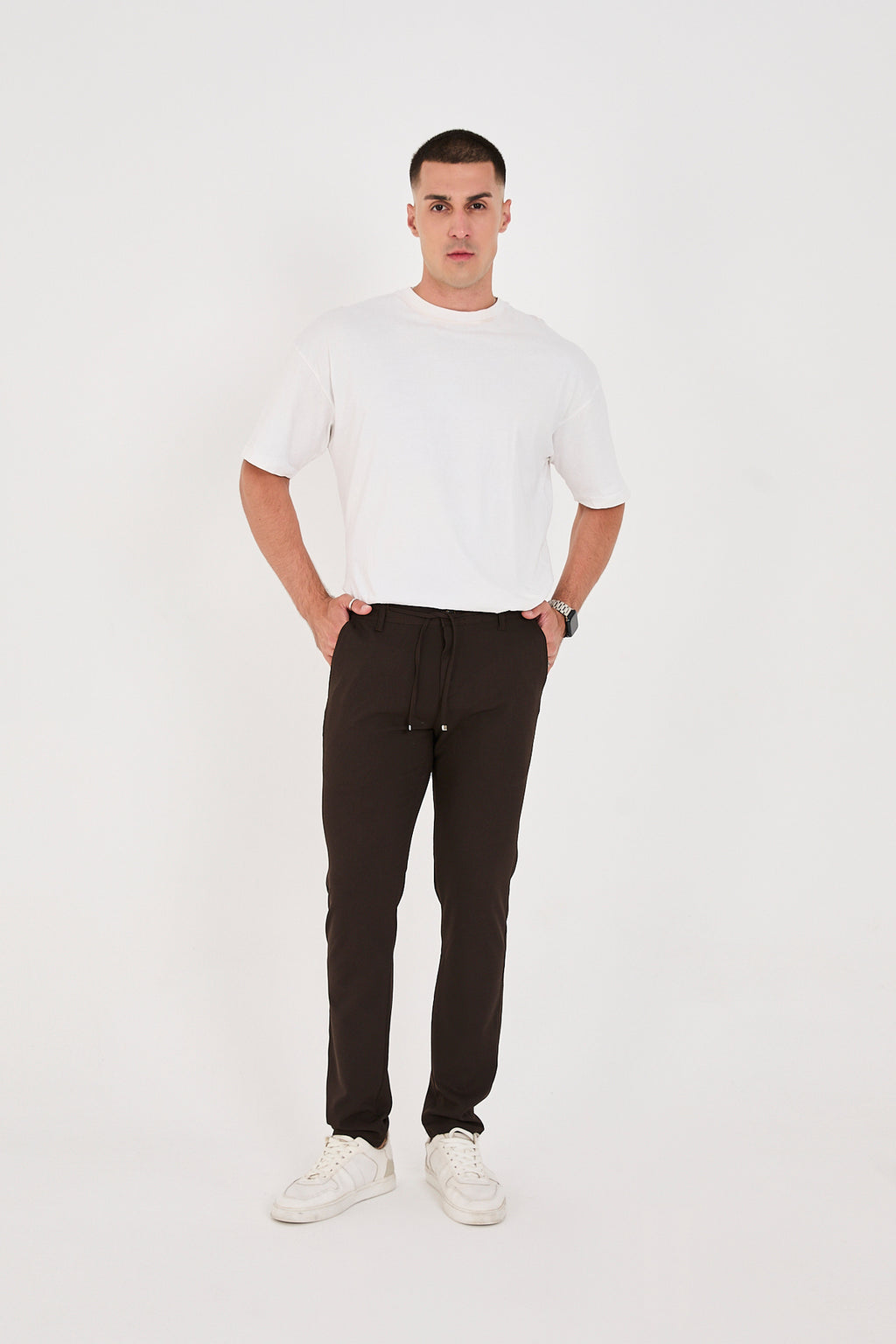 Erkek Jogger Slim Fit Bel Yarım Lastikli Likralı Kumaş Pantolon - Kahverengi