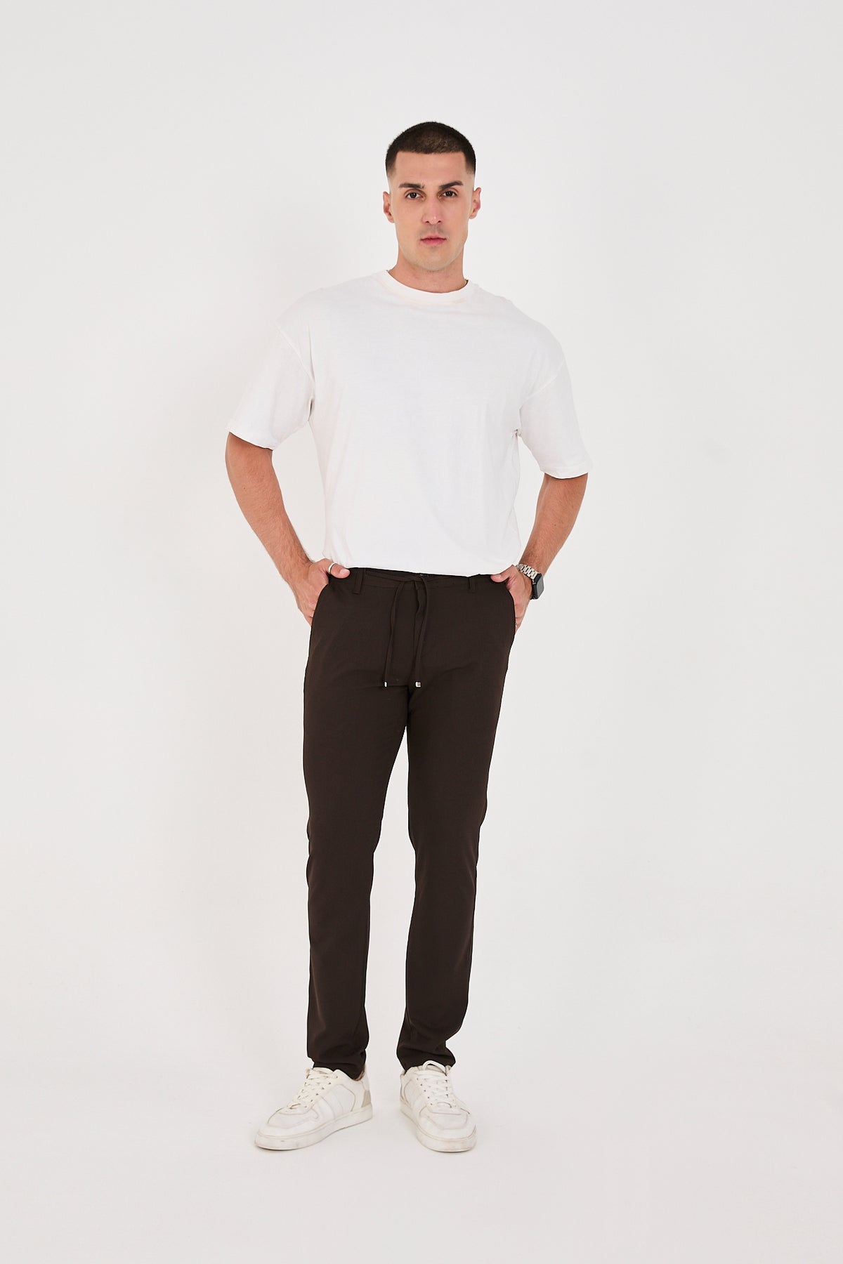 Erkek Jogger Slim Fit Bel Yarım Lastikli Likralı Kumaş Pantolon - Kahverengi