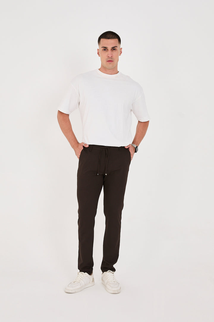 Erkek Jogger Slim Fit Bel Yarım Lastikli Likralı Kumaş Pantolon - Kahverengi