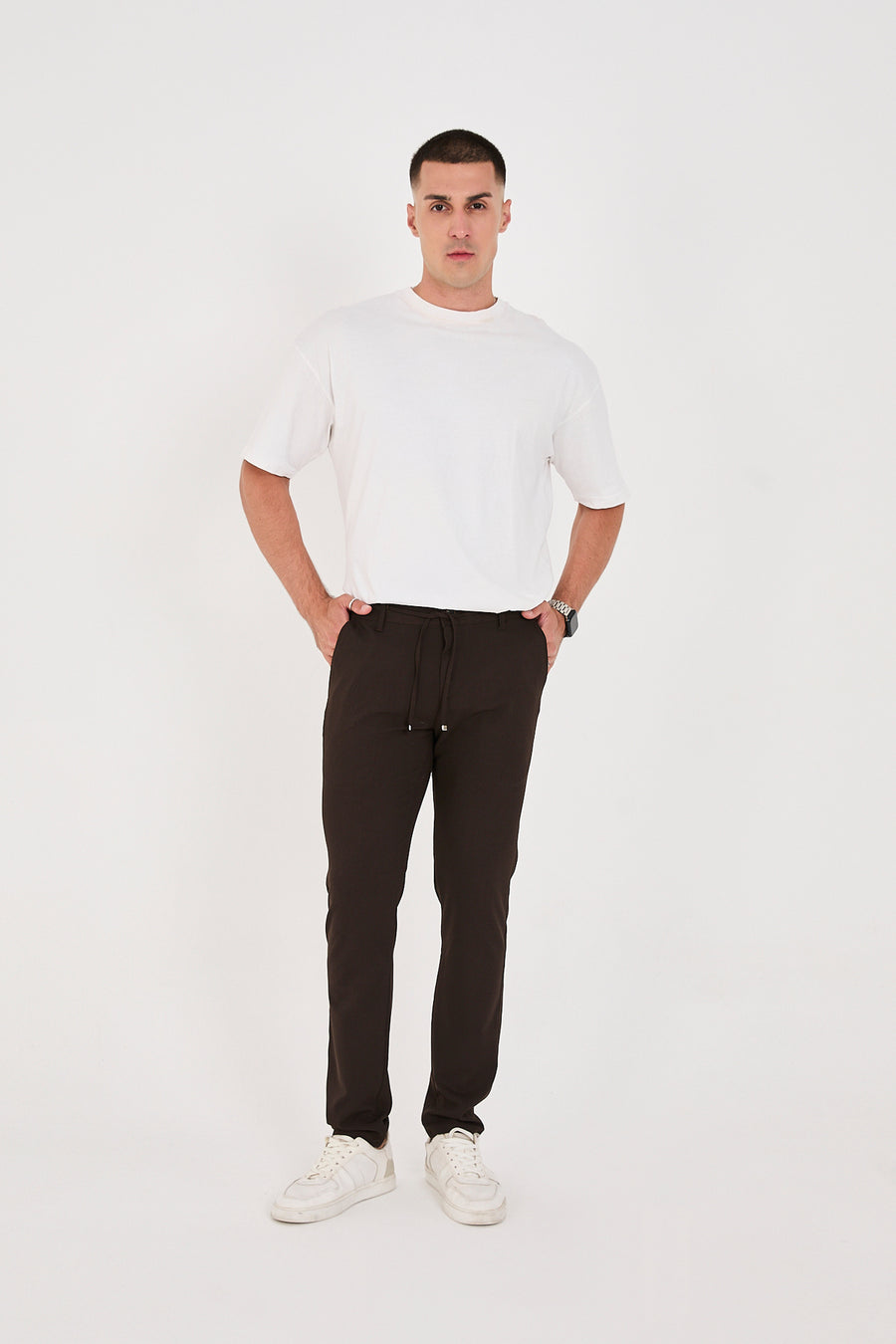 Erkek Jogger Slim Fit Bel Yarım Lastikli Likralı Kumaş Pantolon - Kahverengi