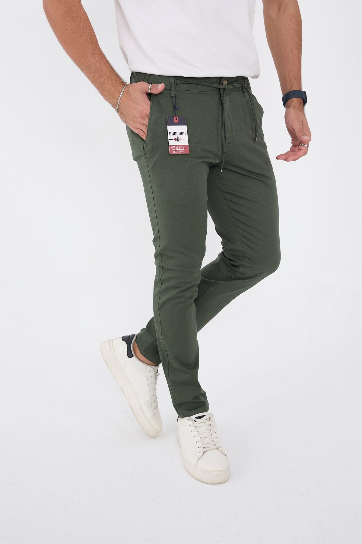 Erkek Mevsimlik Jogger Slim Fit Bel Yarım Lastikli Likralı Keten Pantolon - Haki