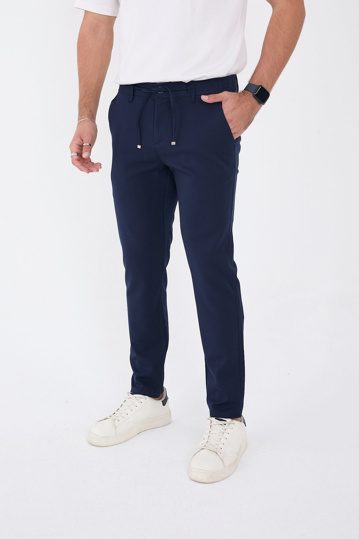 Erkek Kışlık Jogger Slim Fit Bel Yarım Lastikli Kumaş Pantolon - Lacivert