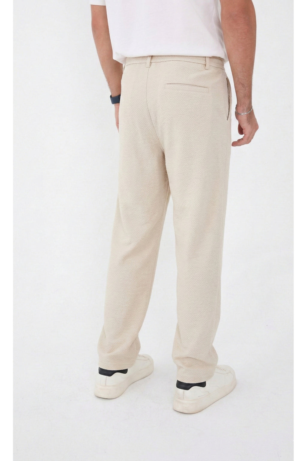 Erkek Çizgili Gofre Baggy Pantolon - Krem