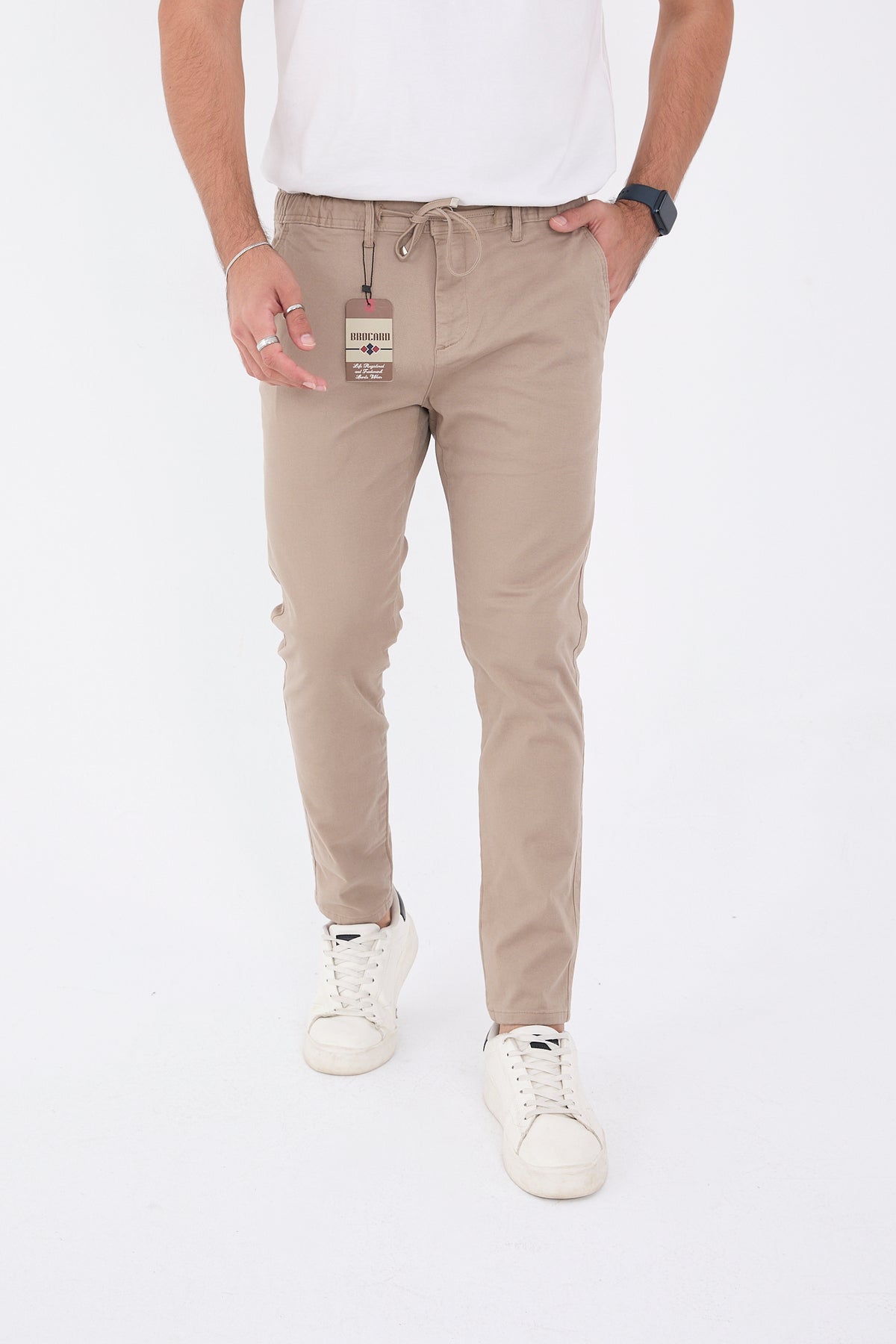 Erkek Mevsimlik Jogger Slim Fit Bel Yarım Lastikli Likralı Keten Pantolon - Bej