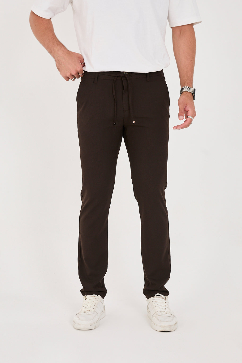 Erkek Jogger Slim Fit Bel Yarım Lastikli Likralı Kumaş Pantolon - Kahverengi