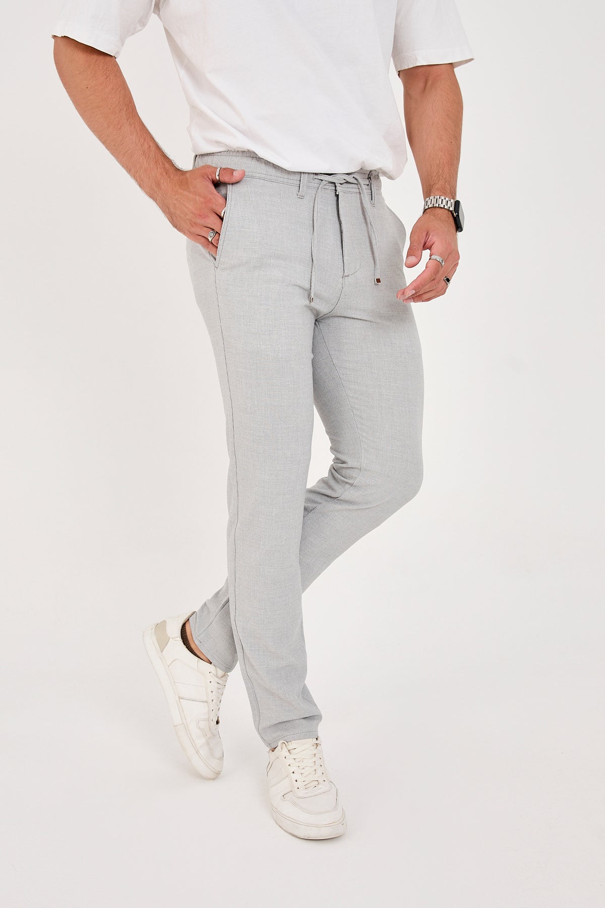 Erkek Gofre Kumaş Likralı Jogger Slim Fit Pantolon - Açık Gri