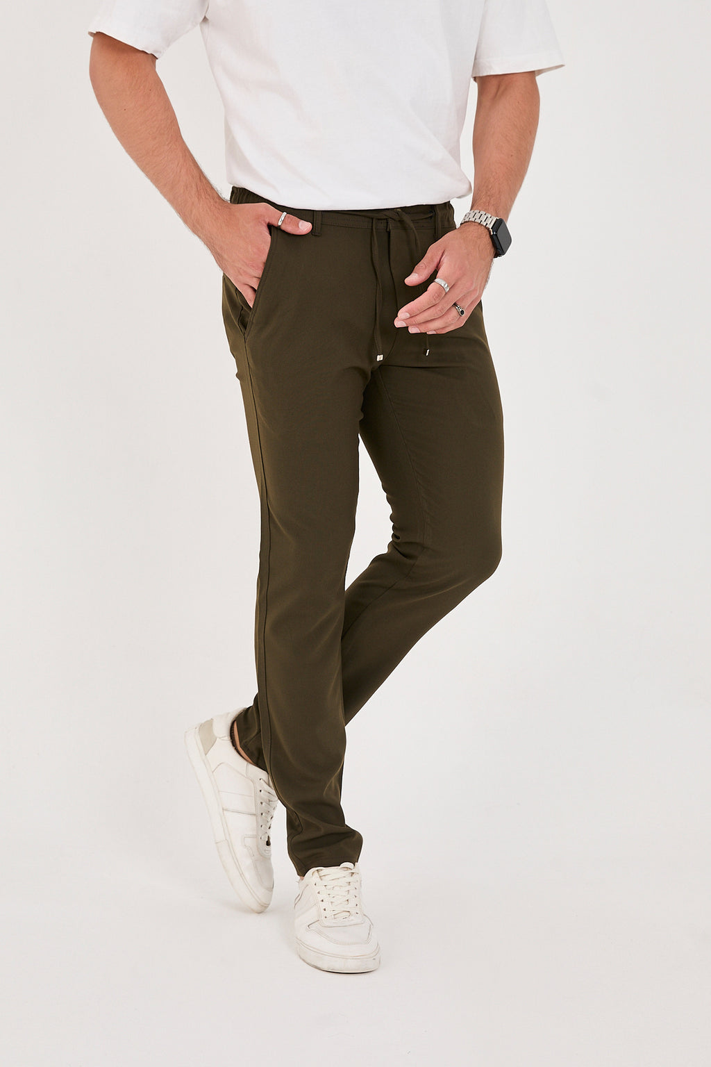 Erkek Jogger Slim Fit Bel Yarım Lastikli Likralı Kumaş Pantolon - Haki