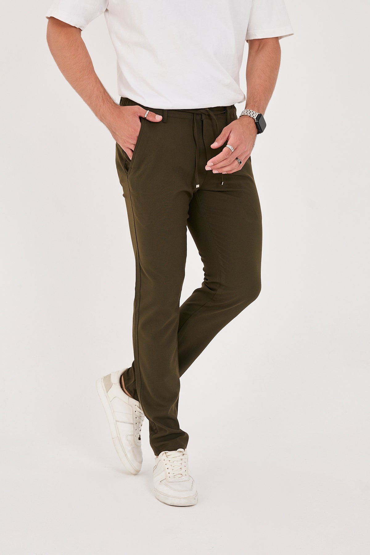 Erkek Jogger Slim Fit Bel Yarım Lastikli Likralı Kumaş Pantolon - Haki