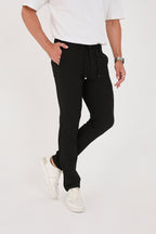 Erkek Gofre Kumaş Likralı Jogger Slim Fit Pantolon - Siyah
