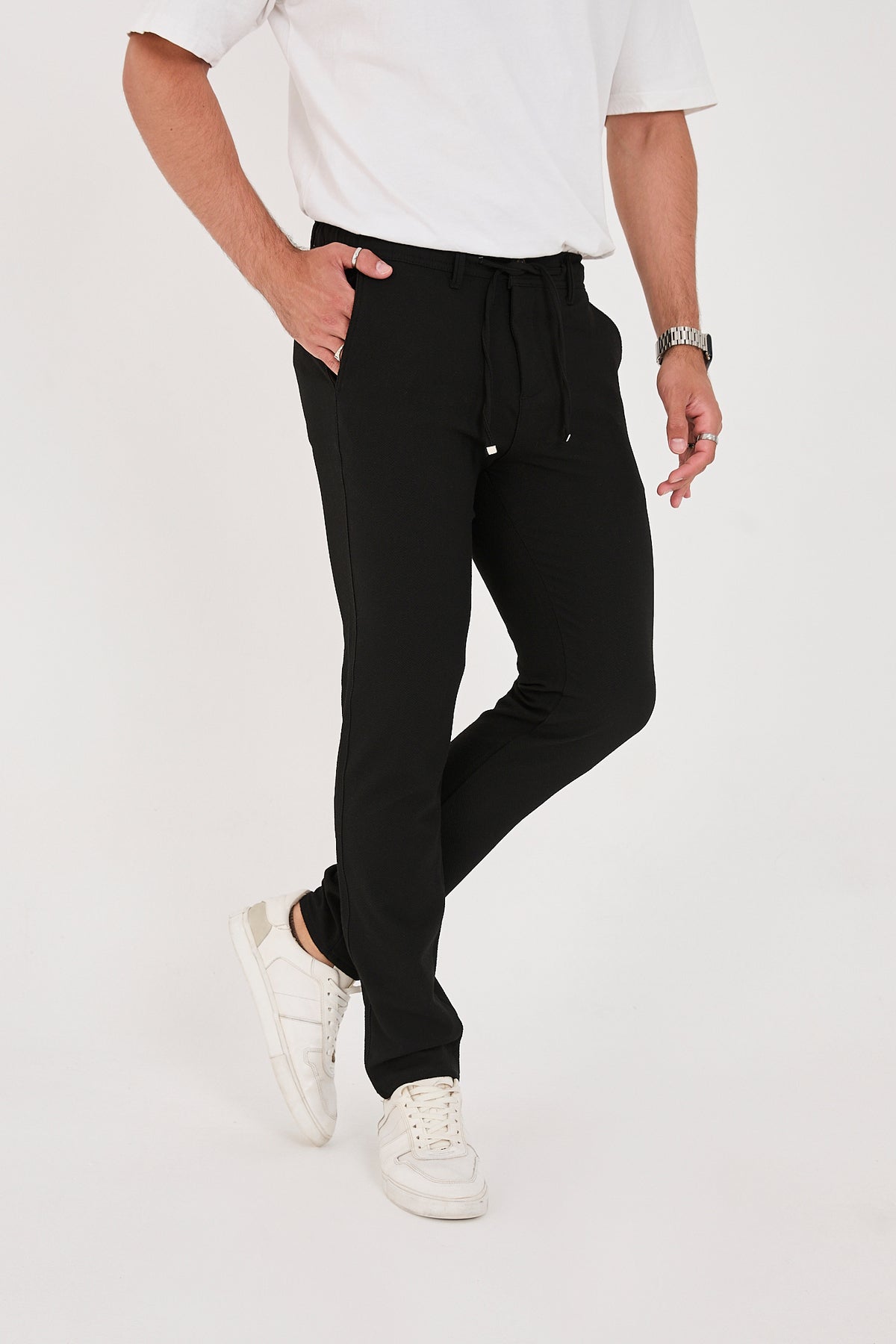 Erkek Gofre Kumaş Likralı Jogger Slim Fit Pantolon - Siyah