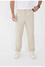 Erkek Çizgili Gofre Baggy Pantolon - Krem