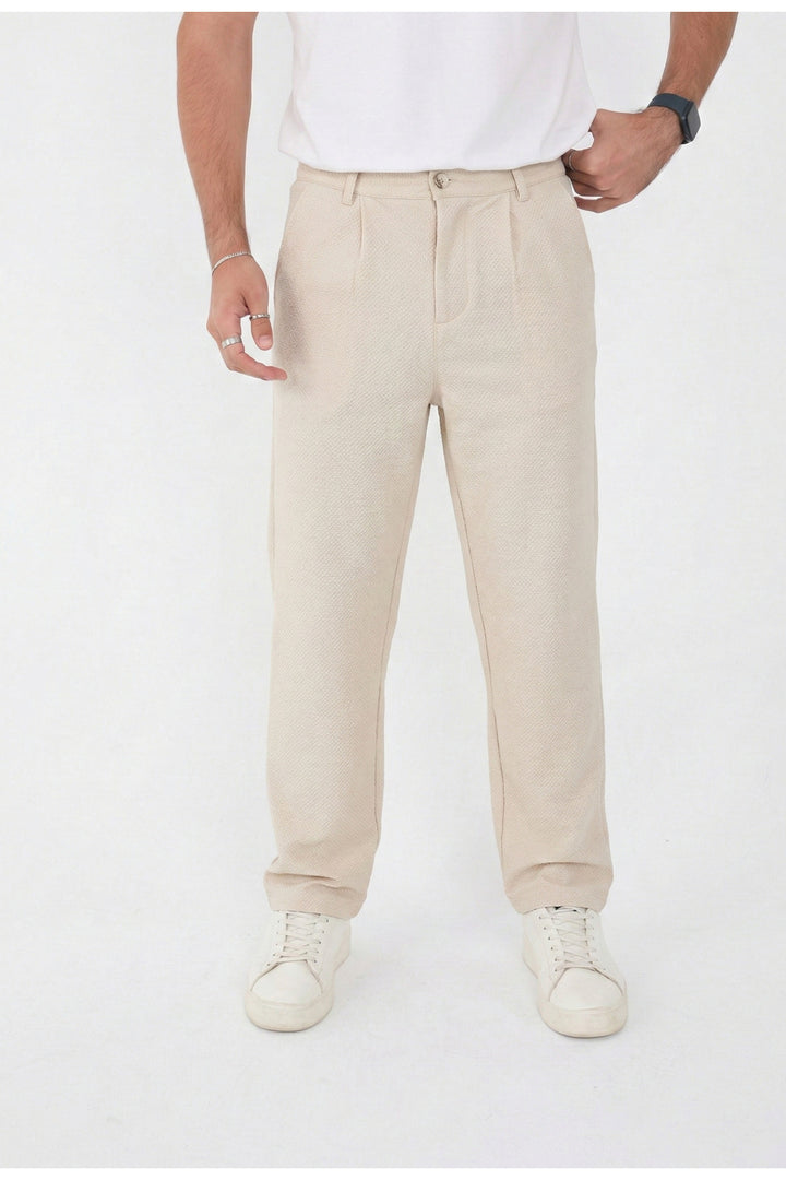 Erkek Çizgili Gofre Baggy Pantolon - Krem