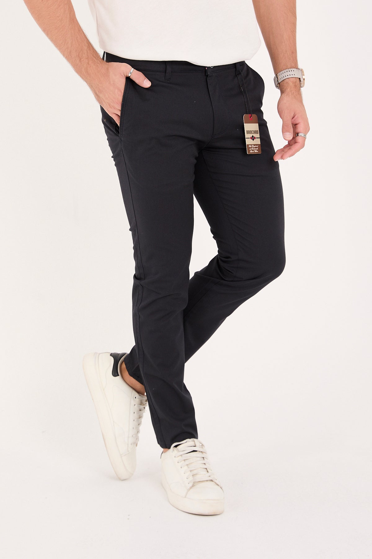Erkek Slim Fit Dar Kesim Likralı Pamuklu Chino Kanvas Pantolon - Lacivert
