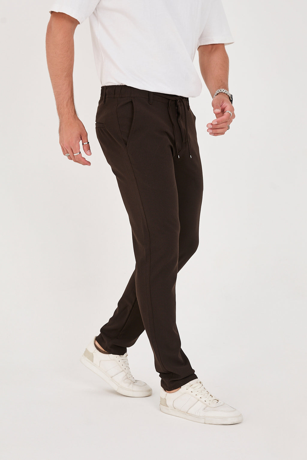 Erkek Jogger Slim Fit Bel Yarım Lastikli Likralı Kumaş Pantolon - Kahverengi