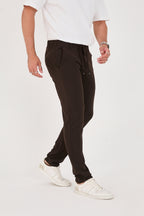 Erkek Jogger Slim Fit Bel Yarım Lastikli Likralı Kumaş Pantolon - Kahverengi