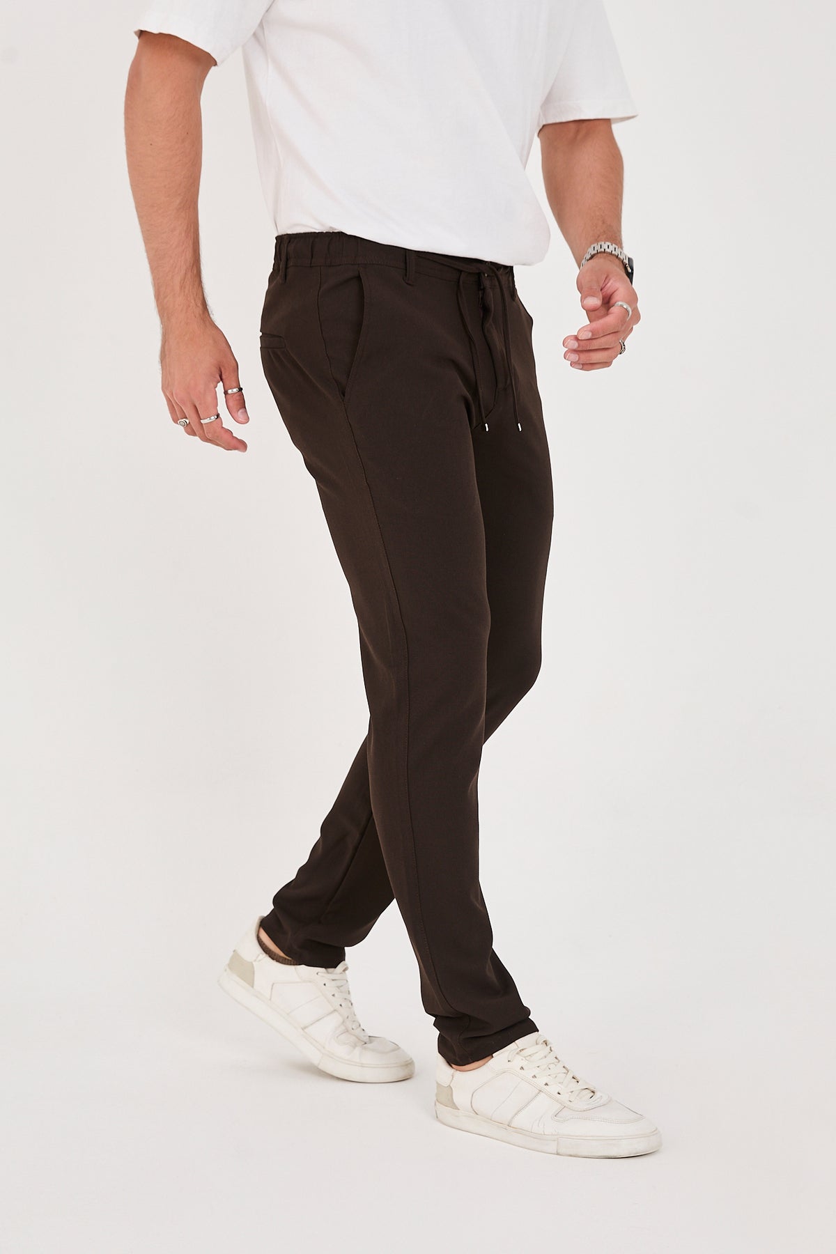 Erkek Jogger Slim Fit Bel Yarım Lastikli Likralı Kumaş Pantolon - Kahverengi