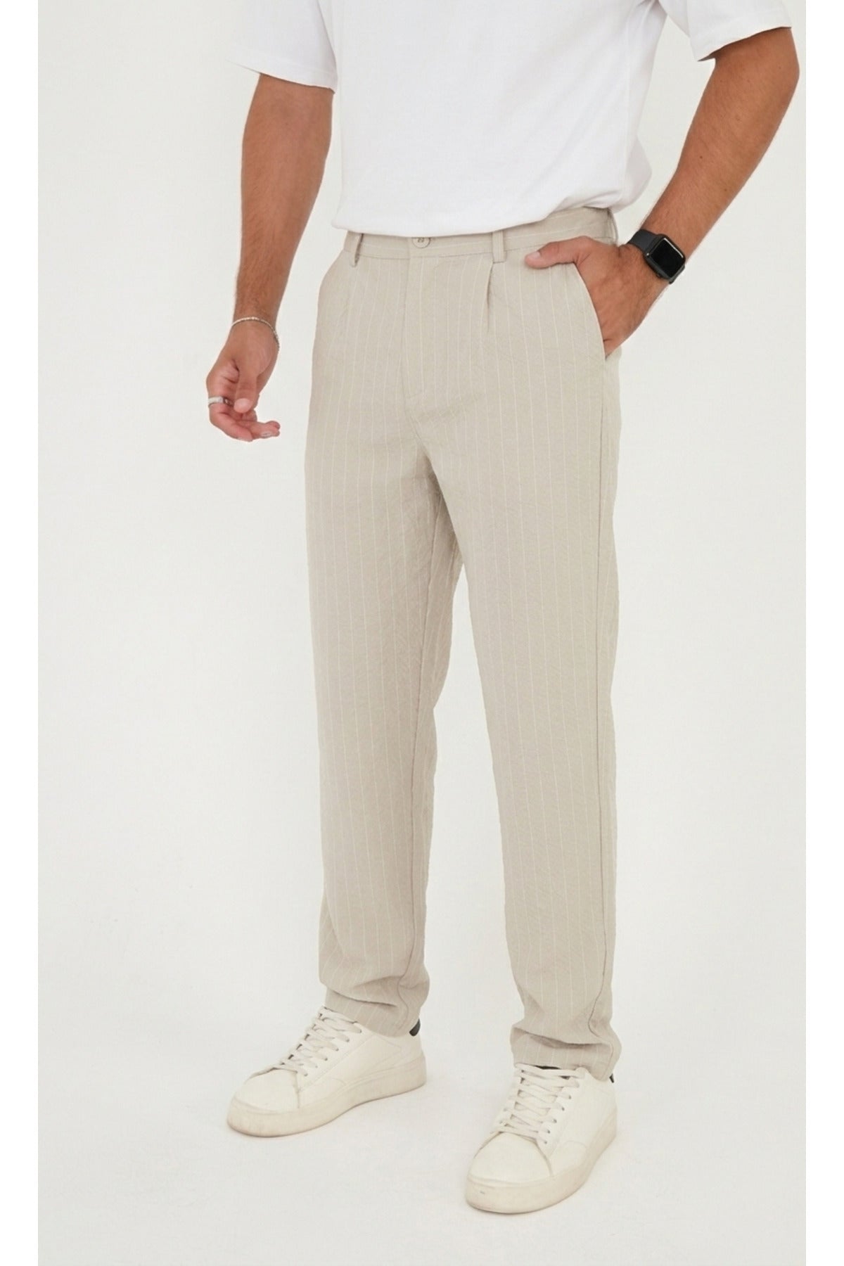 Erkek Çizgili Gofre Baggy Pantolon - Bej