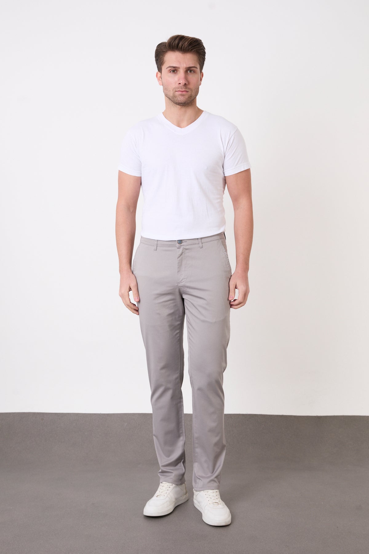 Erkek Regular Fit Geniş Kesim Likralı Pamuklu Chino Kanvas Pantolon - Gri