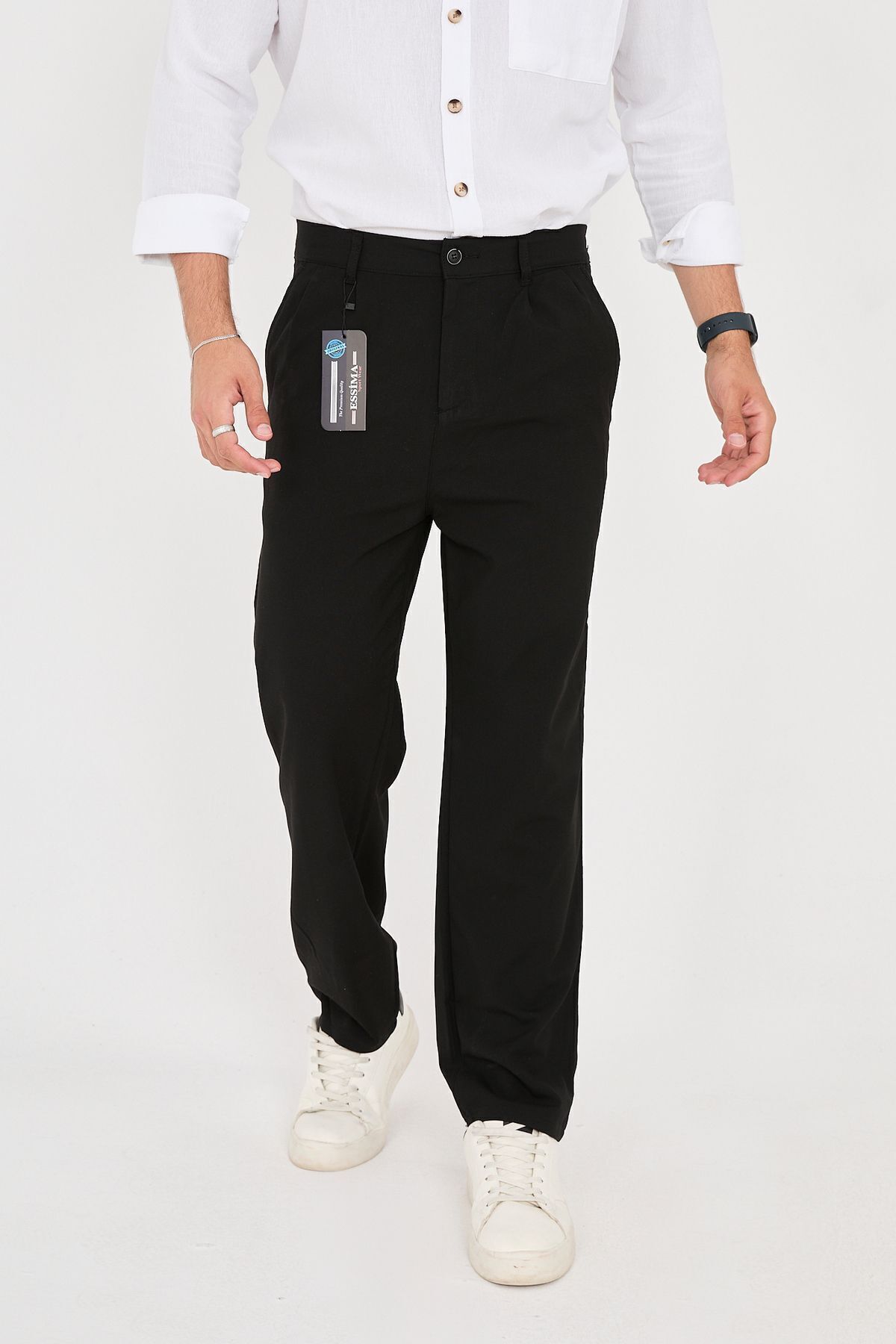 Erkek Çift Pileli Baggy Lastikli Bel Kumaş Pantolon - Siyah
