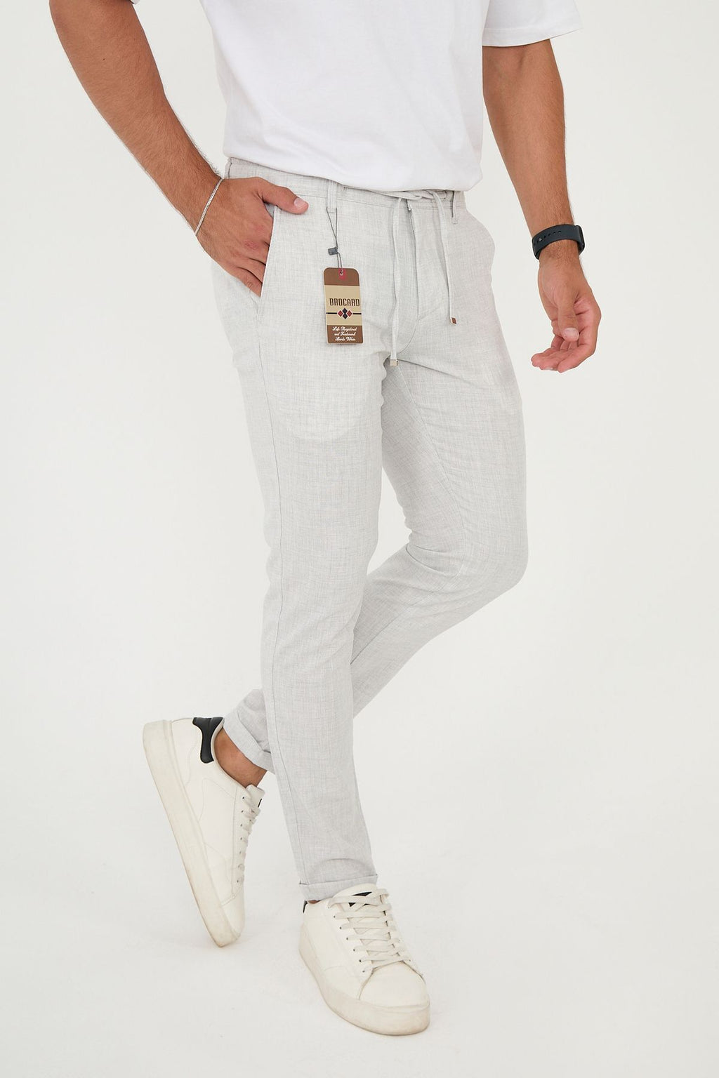 Erkek Jogger Slim Fit Bel Yarım Lastikli Duble Paça Kumaş Pantolon - Açık Gri