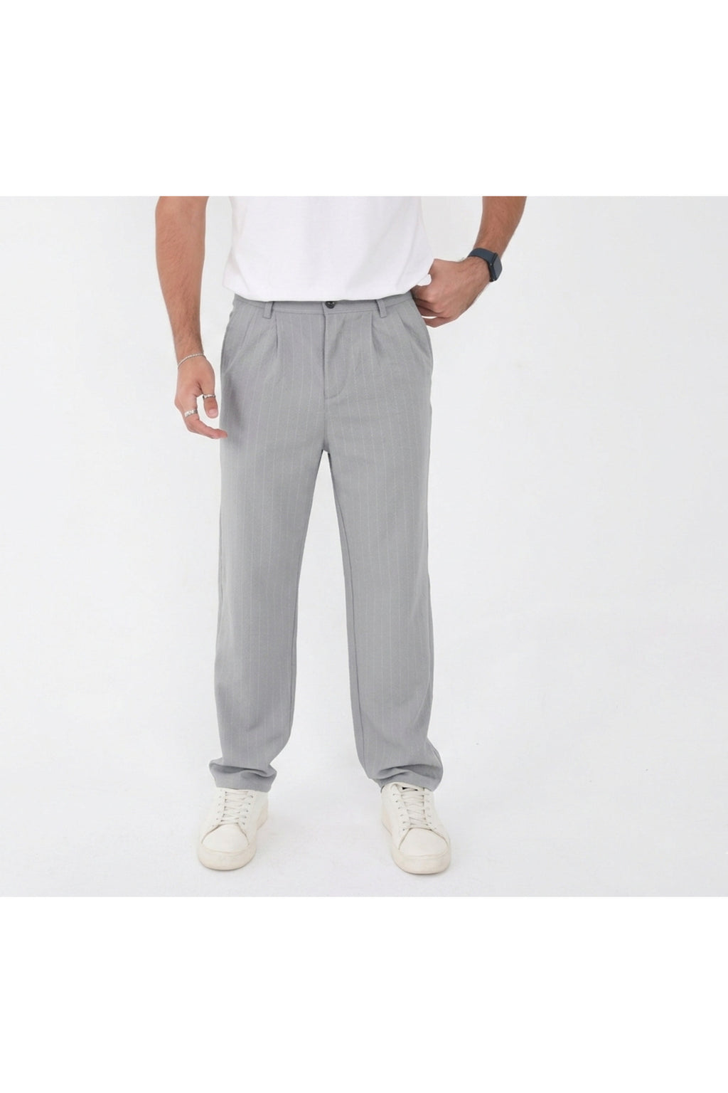 Erkek Çizgili Gofre Baggy Pantolon - Gri