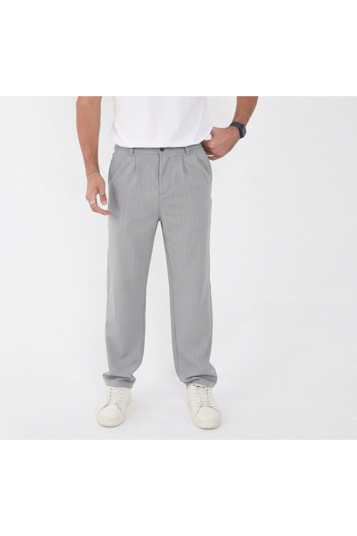 Erkek Çizgili Gofre Baggy Pantolon - Gri