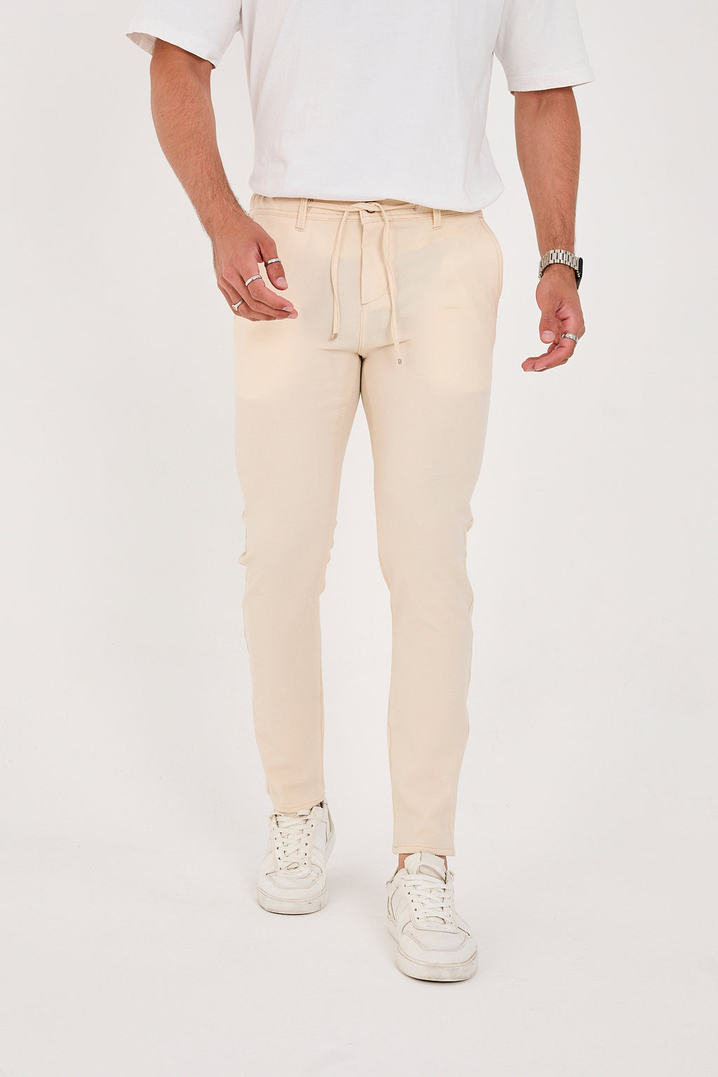 Erkek Gofre Kumaş Likralı Jogger Slim Fit Pantolon - Krem
