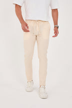 Erkek Gofre Kumaş Likralı Jogger Slim Fit Pantolon - Krem