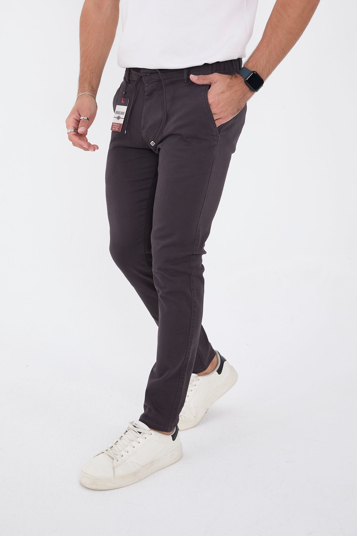 Erkek Mevsimlik Jogger Slim Fit Bel Yarım Lastikli Likralı Keten Pantolon - Antrasit